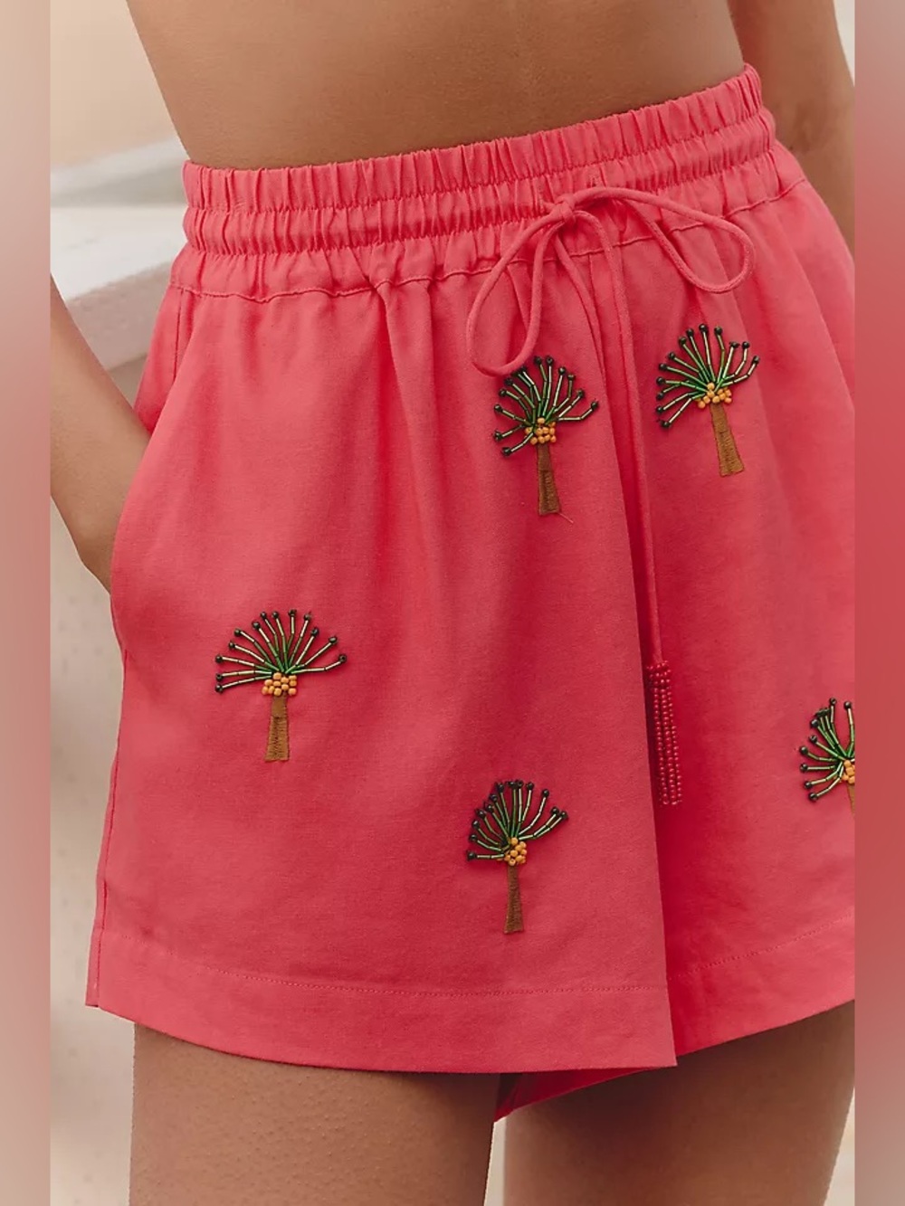 Farm Rio Anthropologie Deco Palm Tree Drawstring Shorts Pink Small